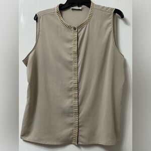 Calvin Klein Tan Sleeveless Blouse with Gold Trim